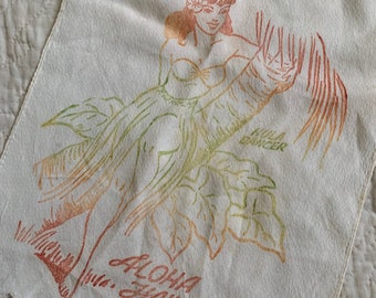 1940s-1950s Aloha Hawaii Hula Dancer Souvenir Silk Scarf / vintage 40’s 50’s travel souvenir Hawaii wrap scarf neckerchief