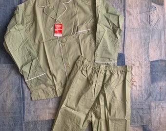 1960s Deadstock Marlowe Pajama Set / vintage 60's sage green large pajamas pants and shirt