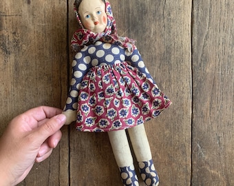 Muñeca antigua polaca de papel maché de los años 20 / muñeca de tela de lunares de papel maché vintage, quizás húngara, muy coleccionable, rara