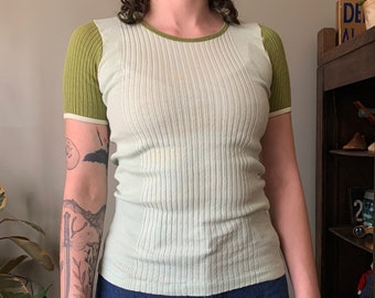 1960's Mint and Avocado Green Ribbed Top / vintage two tones 60's extra small snug rib girly tee t-shirt