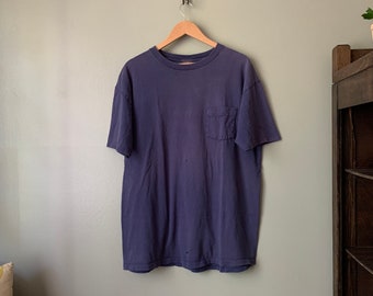 1990s Sun Faded Blue Pocket Tee / vintage 80's fader t shirt extra large XL