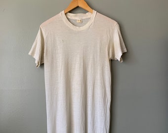 1970's Archdale White Blank Tee / vintage 70's basic single stitch paper thin t-shirt distressed trashed thrashed medium cotton poly #3