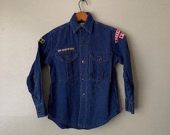1950's Cub Scouts BSA Button Up Shirt / vintage 50's blue kids shirt with patches Official Boy Scouts of America Havelock NC sanforized