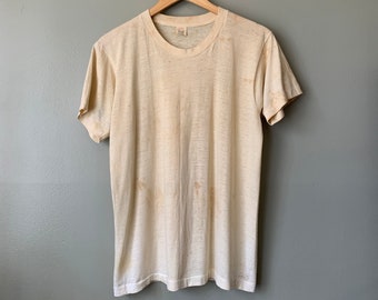 1960s Derby Brand White Blank Tee / vintage 60's cotton poly basic distressed thrashed trashed t shirt single stitch paper thin medium #6