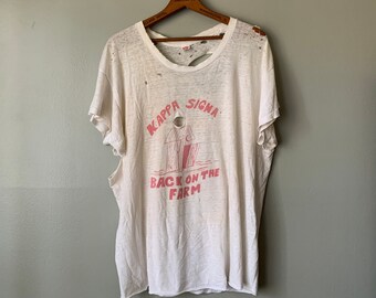 1970s Thrashed Kappa Sigma Fraternity "Back on the Farm" Tee / vintage 70's destroyed trashed distressed white t shirt large