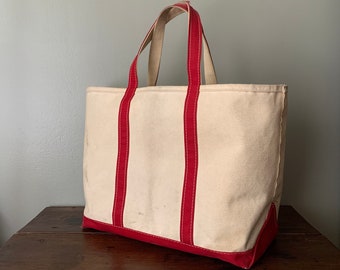 Large Vintage L.L. Bean Boat & Tote Red Trim Ivory Canvas Bag / ll bean used broken in market tote bag open top