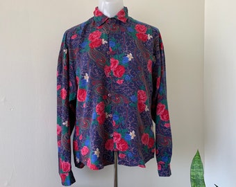 1980s Paisley Floral Rayon Blouse / vintage 80's purple pink green women's button up shirt small medium