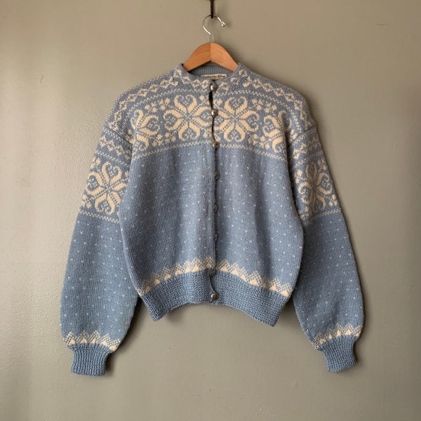 Vintage Baby Blue Norwegian Button Down Sweater / 69’s 1960s handmade hand knitted wool cardigan made in Norway size medium