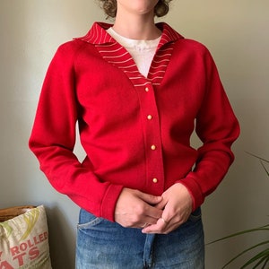 1930s-1940s Red Cardigan with Striped Collar / vintage antique 30s 40s button down collared sweater pearly buttons size medium womens image 1