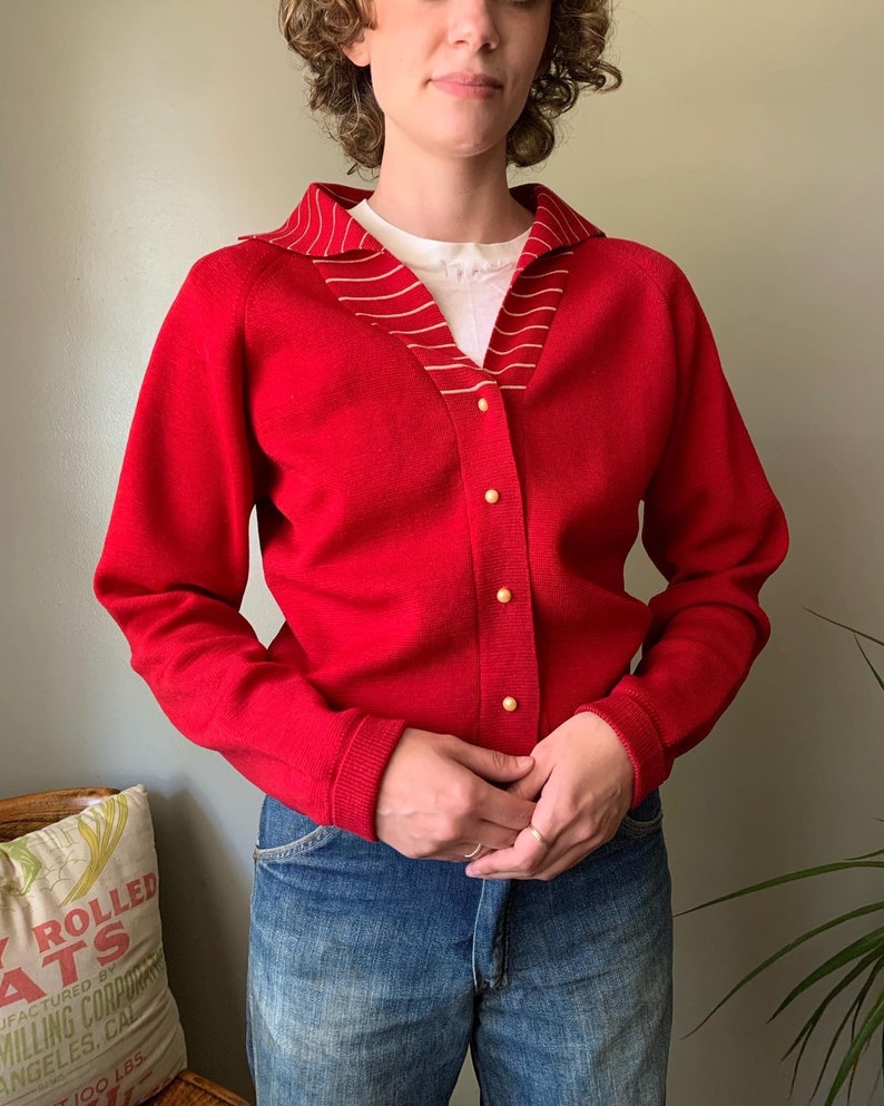 1930s-1940s Red Cardigan with Striped Collar / vintage antique 30s 40s button down collared sweater pearly buttons size medium womens image 1