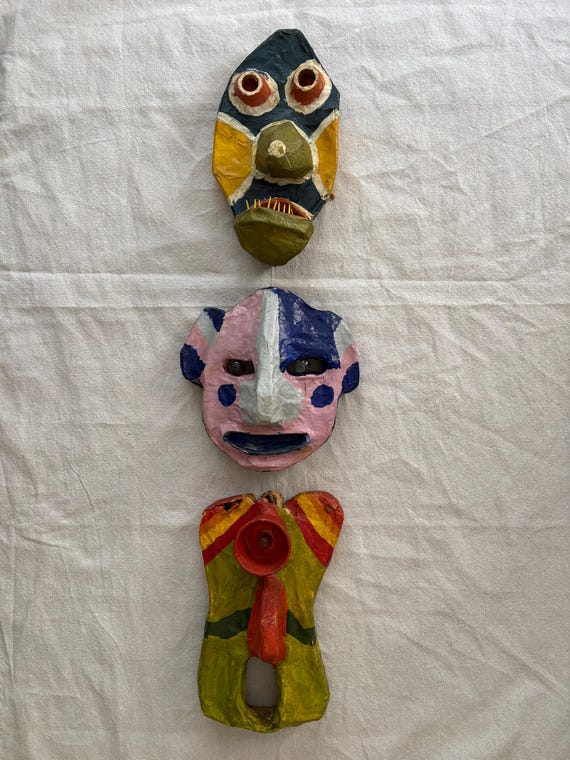 Vintage 1960s Folk Art Paper Maché Masks - set of 3 / 60’s papier mâché handmade paper  sculpture artwork mask