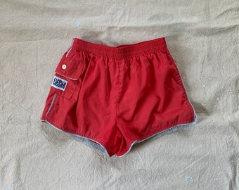 1980s Laguna Red Swim Trunks / vintage 80's 70's short athletic shorts small waist 25" to 27"