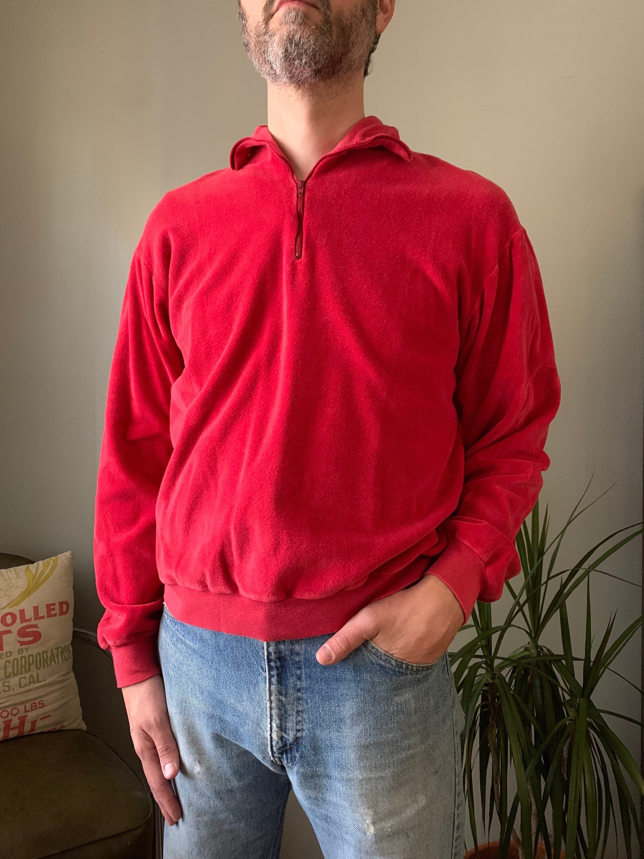 1960s Red Velour Quarter Zip Sweater / Vintage 60's Leisure