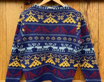 1950s Skane Winter Wool Sweater / vintage 50’s blue red yellow deer ski snow knit pullover boat neck medium