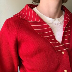 1930s-1940s Red Cardigan with Striped Collar / vintage antique 30s 40s button down collared sweater pearly buttons size medium womens image 2