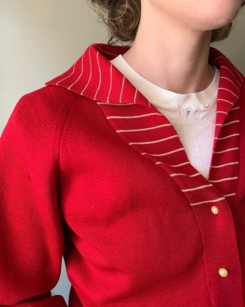 1930s-1940s Red Cardigan with Striped Collar / vintage antique 30s 40s button down collared sweater pearly buttons size medium womens image 2