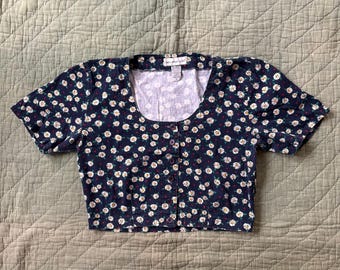 Vintage 1990s Floral Crop Top - Large / 90’s babe daisy blue and white button down cropped blouse size L