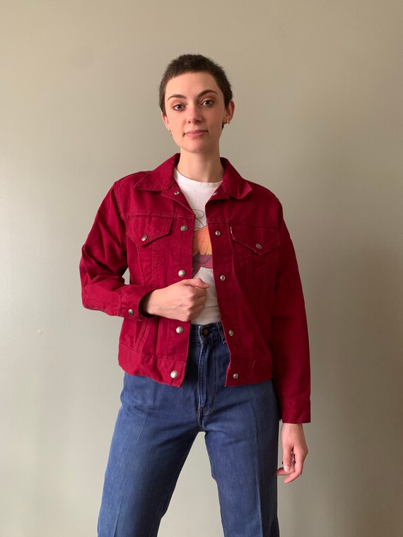 cherry red denim jacket