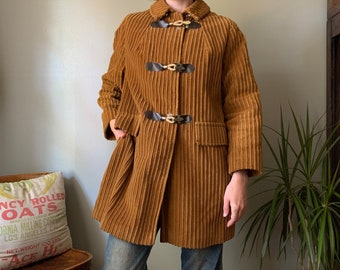 1960s Debutogs New York Brown Corduroy Pile Lined Coat / vintage 60’s toggle latch buttons size medium