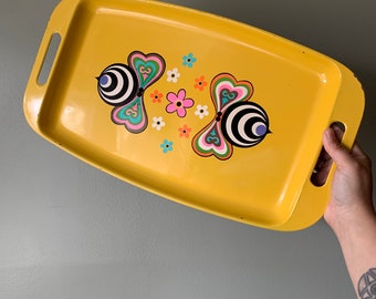 1960s Mod Op Art Serving Tray / vintage 60’s flower power yellow pink floral groovy retro