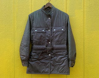 1970s Brown Nylon Belted Jacket / vintage 70’s fall winter coat women’s M