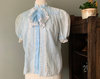 1940s Light Blue Puff Sleeves Ruffled Blouse / vintage 40's baby blue antique button up cotton shirt