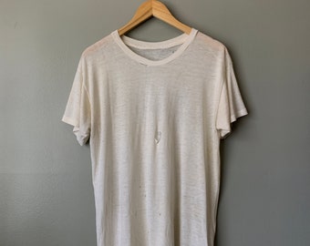 1970s Distressed White Blank Tee / vintage 70's paper thin single stitch thrashed trashed t-shirt medium #5