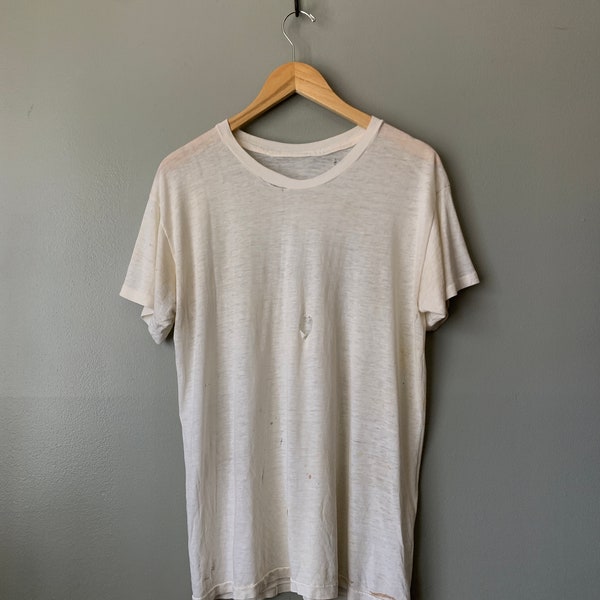 1970s Distressed White Blank Tee / vintage 70's paper thin single stitch thrashed trashed t-shirt medium #5