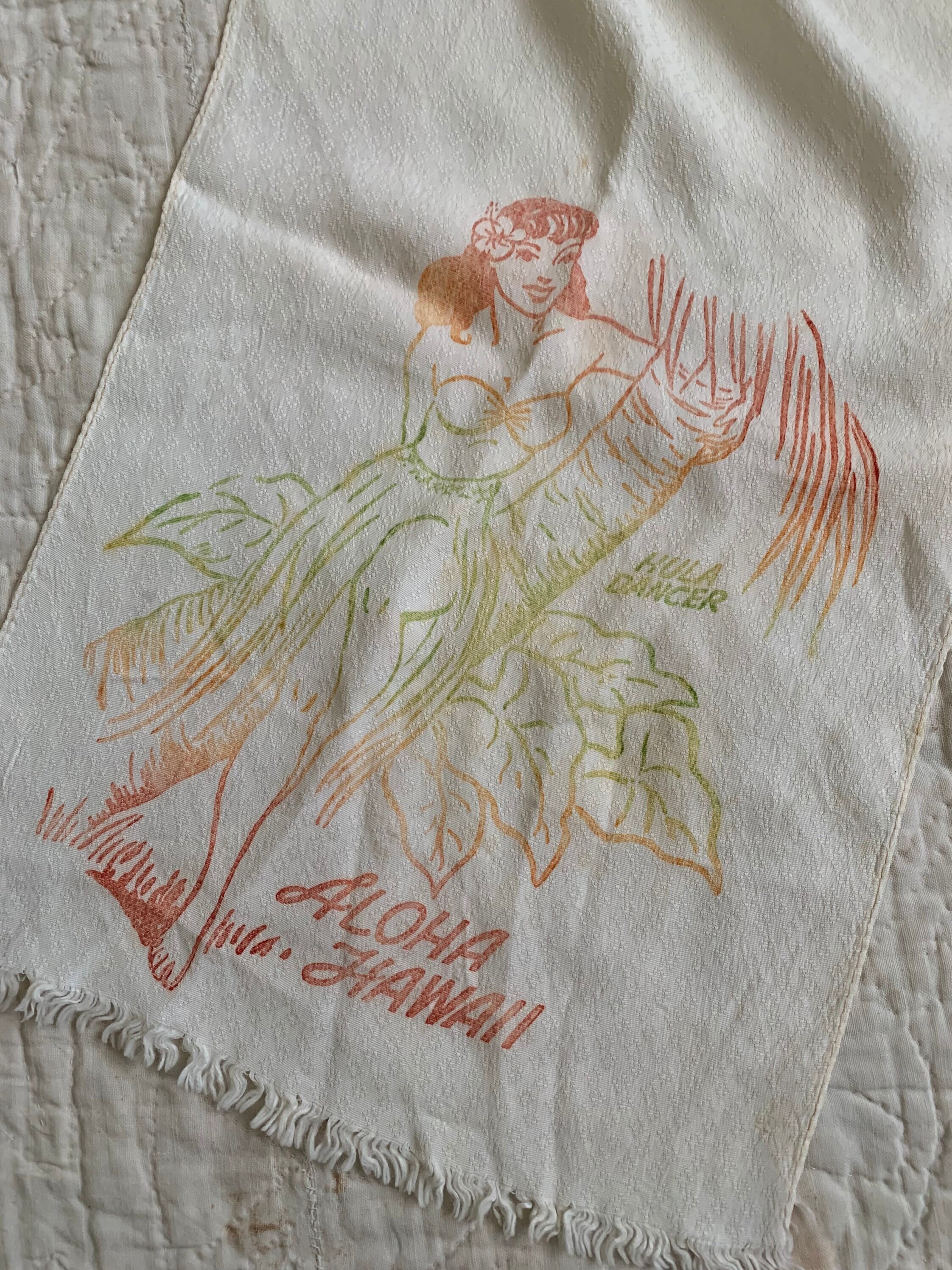 お歳暮 Dancer Hula Hawaii Aloha 1940s-1950s Souvenir Scarf Silk 小物