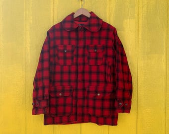 1950s Woolrich Red and Black Tartan Mackinaw Coat / vintage 50’s plaid wool hunting jacket medium