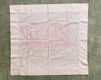 Antique 19th Century Hand Embroidered Art Square Tapestry / 1800s Ellen Sturgis Hoopen poem quote embroidered cotton I slept and dreamed…