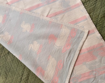 Vintage 1950s Baby Camp Blanket with ducks pattern 43”x36” / 50’s mid century cotton crib blanket blue pink white