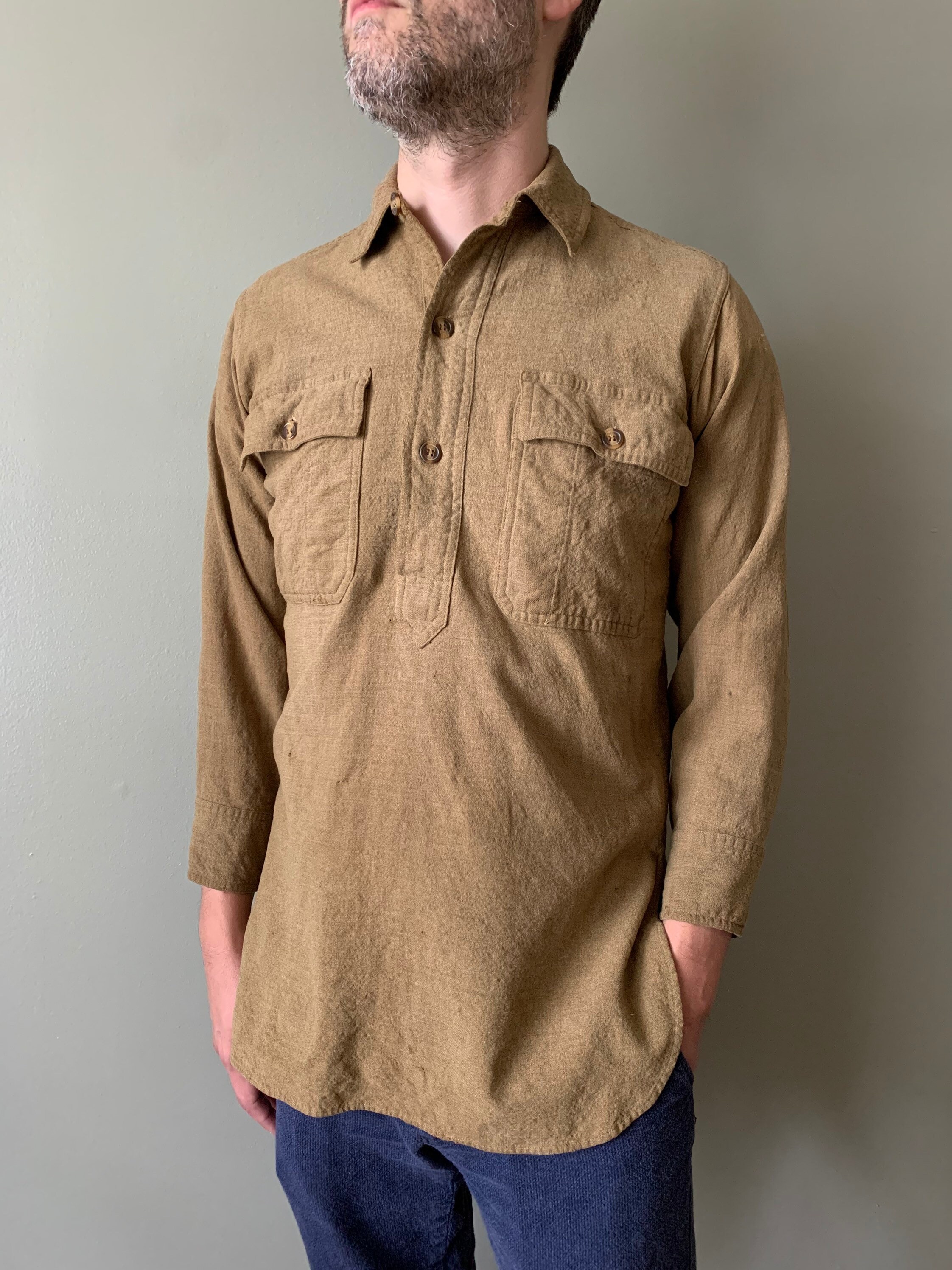 WWI US Military M-1916 Olive Drab Wool Pop Over Shirt / Antique