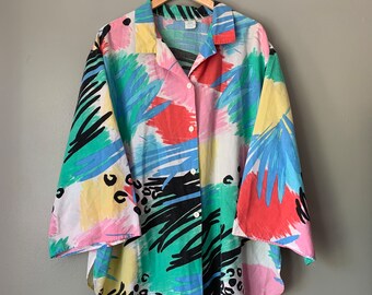 1980s Colorful Abstract Artsy Oversized Blouse / vintage 80's art teacher button down shirt with wide sleeves size XL-XXL-2XL