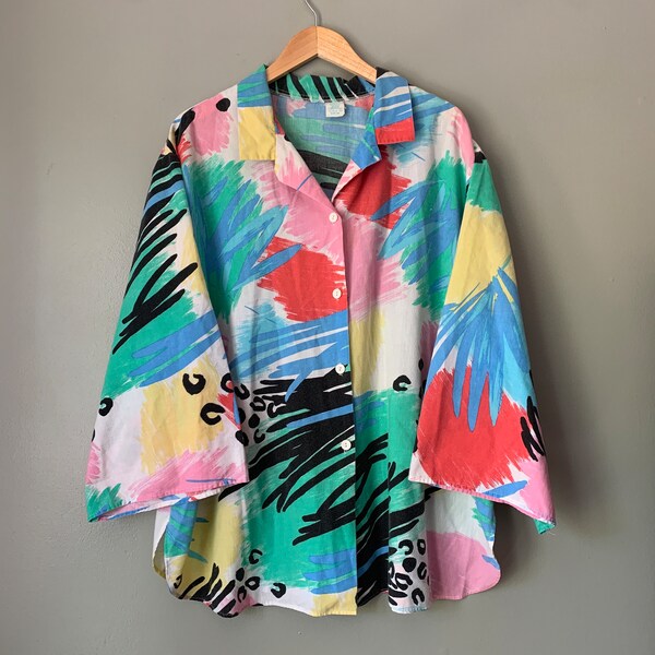 1980s Colorful Abstract Artsy Oversized Blouse / vintage 80's art teacher button down shirt with wide sleeves size XL-XXL-2XL