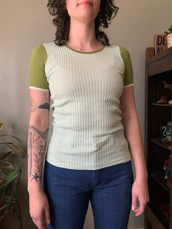 1960's Mint and Avocado Green Ribbed Top / vintage