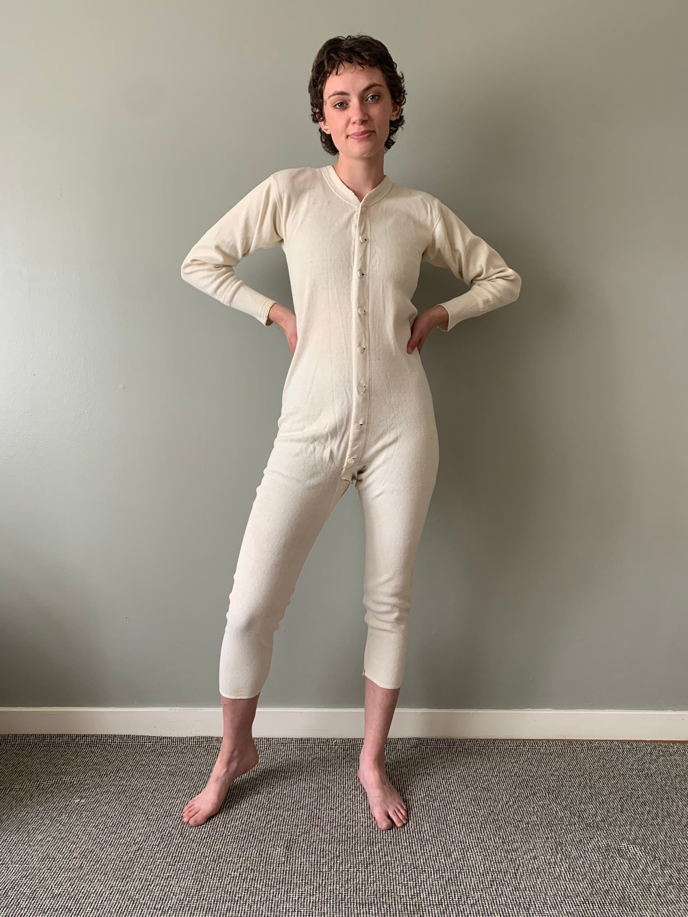 1940s-1950s Thermal Union Suit / vintage 40s 50s white underwear under  garment cold weather one piece onesie size small medium overalls