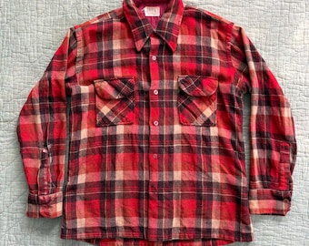 Vintage 1960s Montgomery Ward Red and Brown Plaid Wool Loop Collar Shirt - Medium / 60’s tartan fine wool thin button up long sleeve size M