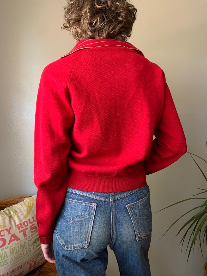 1930s-1940s Red Cardigan with Striped Collar / vintage antique 30s 40s button down collared sweater pearly buttons size medium womens image 3