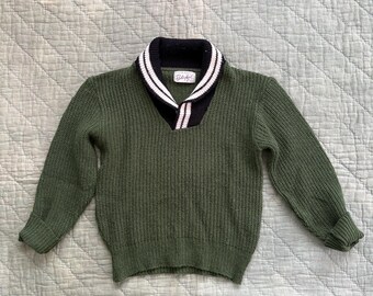 Vintage 1960s Kids Shawl Collar Sweater 5T / 60’s toddlers size 5 green knit pullover sweater