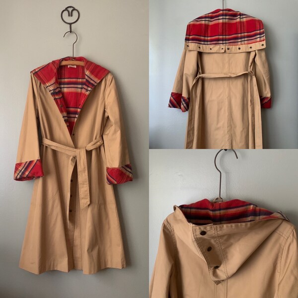 1970s Sears Plaid Flanel Lined Hooded Trenchcoat / vintage 70's beige small medium snap up fall winter long jacket coat