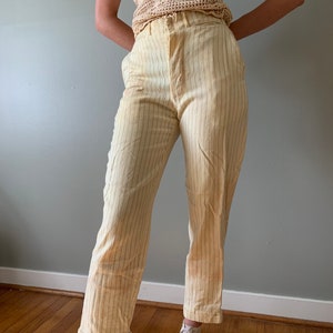 1910s Pinstriped Wool Trousers / vintage antique pants with suspender buttons stained distressed worn in trashed thrashed waist 27”