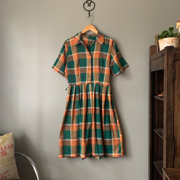 1950s-1960s Handmade Plaid Day Dress / vintage 50's 60's spring summer cotton  dress medium waist 29"