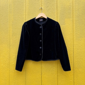 1980er RRRRuss Schwarze Samt Kurz Jacke / vintage 80er Button Down Jacket Damen, Größe Medium