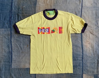 1997 Pez Candy Ringer Tee / vintage 1990s 90's iron on graphic lime yellow green t shirt in vitro corp made in USA