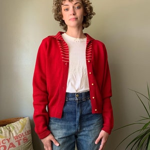 1930s-1940s Red Cardigan with Striped Collar / vintage antique 30s 40s button down collared sweater pearly buttons size medium womens image 5