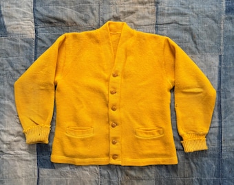 Vintage 1950s Yolk Yellow Wool Varsity Cardigan / 50’s button front sweater v neck preppy college small