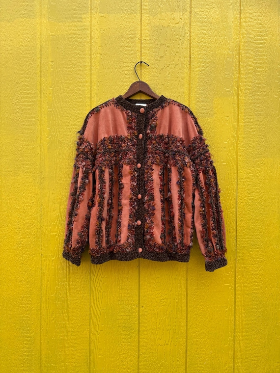 Vintage 1970s Suede and Knit Button Up Sweater Cardigan medium