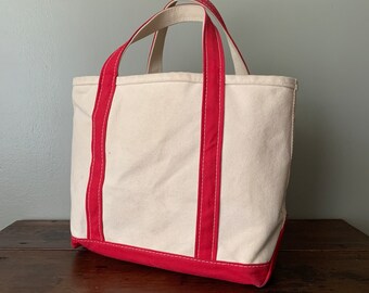 Small Vintage L.L. Bean Boat & Tote Red Trim Ivory Canvas Bag / ll bean used broken in market tote bag open top