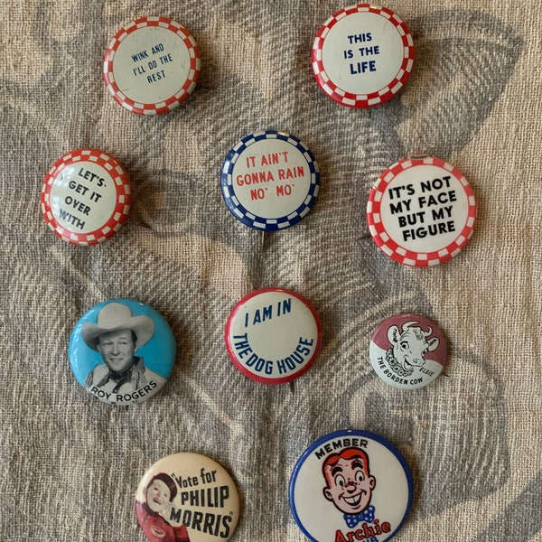 Vintage Carnival Novelty Pinbacks / 1940’s - 1950’s checkered pinback button Archie Roy Rogers Philip Morris Elsie